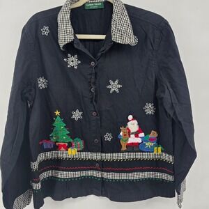 Lemon Grass Vintage Large Black Christmas Santa Tree Embroidered Button Up Shirt
